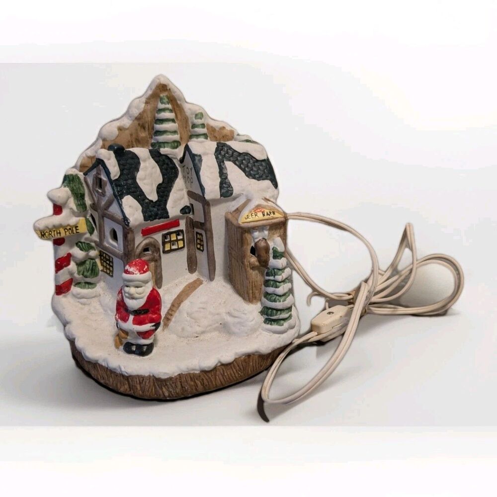 Vintage Lighted Santa North Pole Village House Ceramic Christmas Decoration 7"